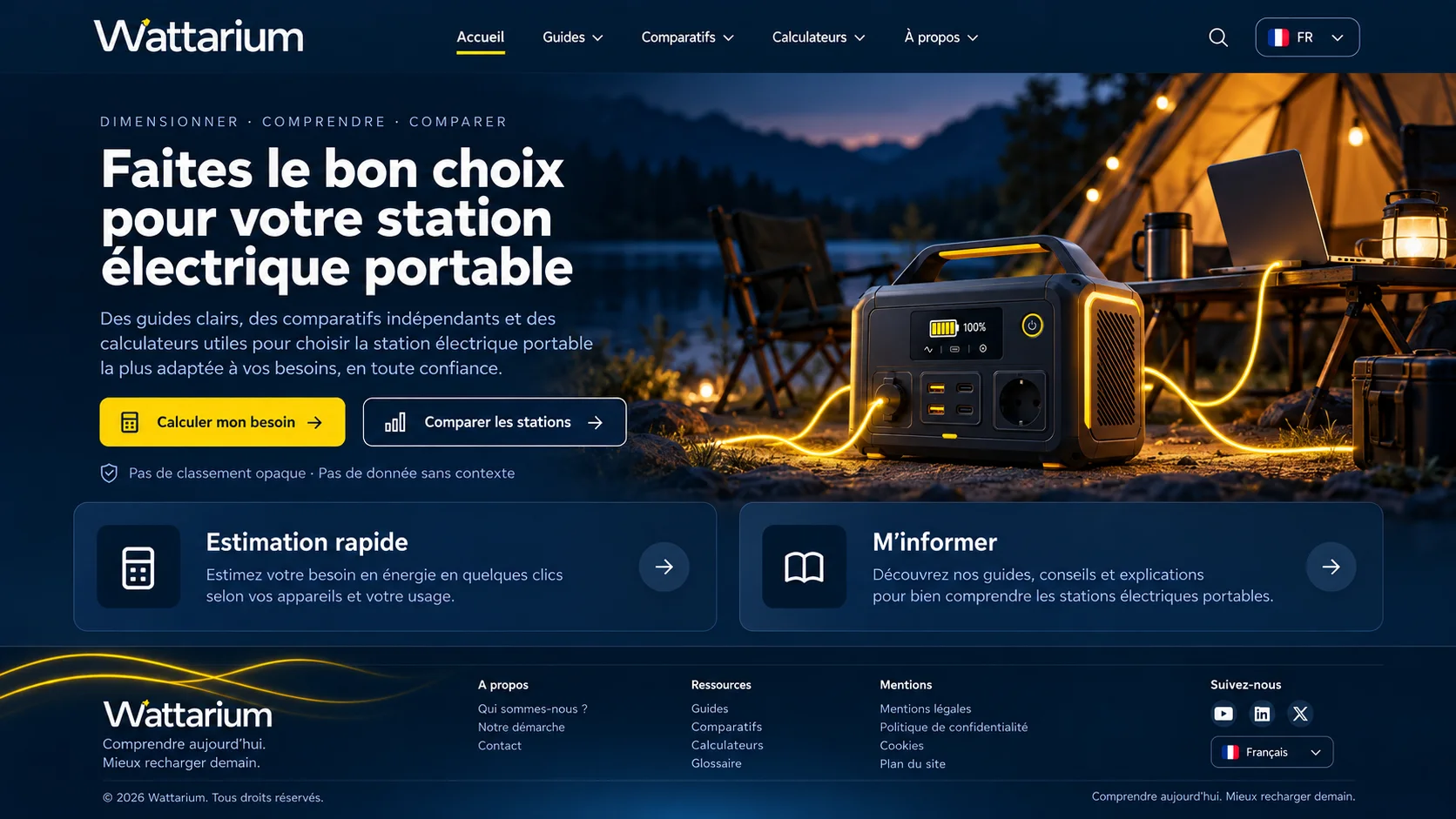 Station électrique portable au camping, près d’une tente et d’une table équipée.